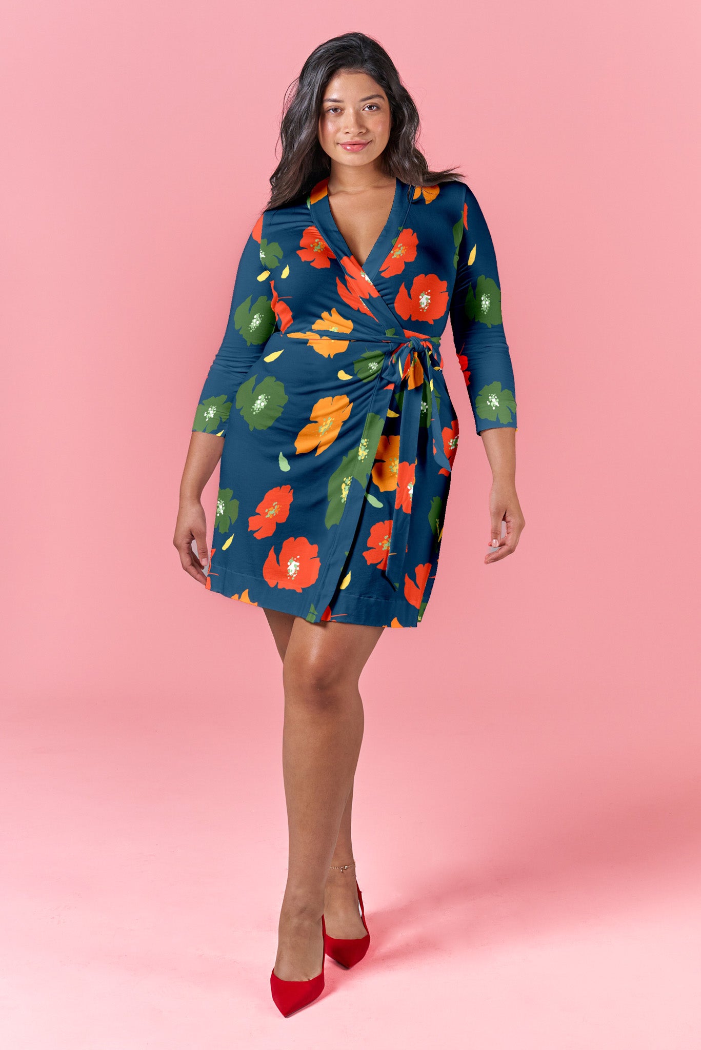 classic wrap dress Rachel | Navy Poppies Bartender Attire Ines Stretch Faux Wrap Balloon sleeves Color:Aqua Dream