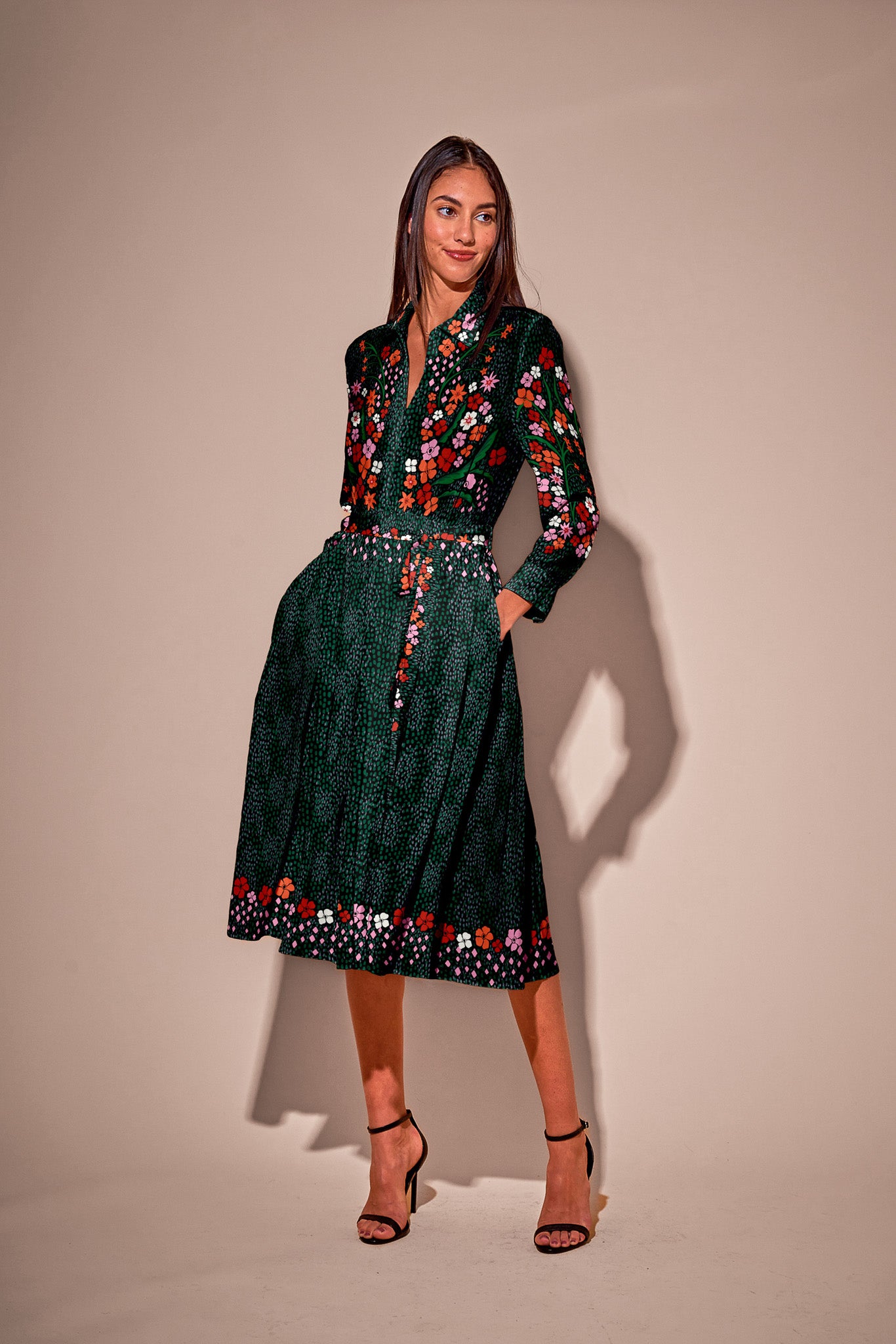 The Allyson Dress in Silk | Baroque Floral in Emerald