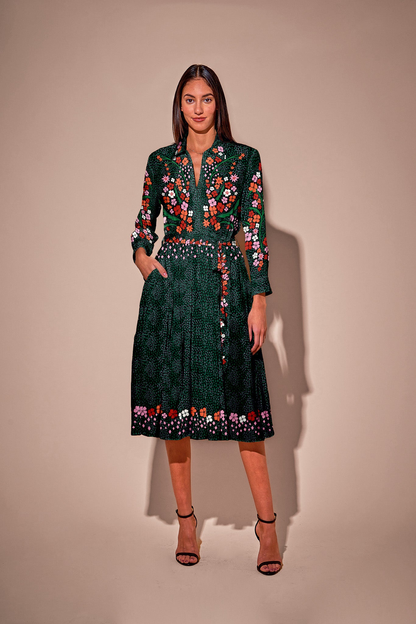 The Allyson Dress in Silk | Baroque Floral in Emerald