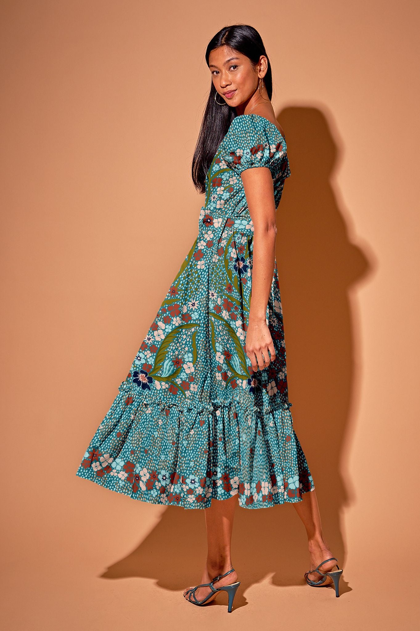 Rowan Ruffle Dress in Organic Cotton | Baroque Floral in Teal