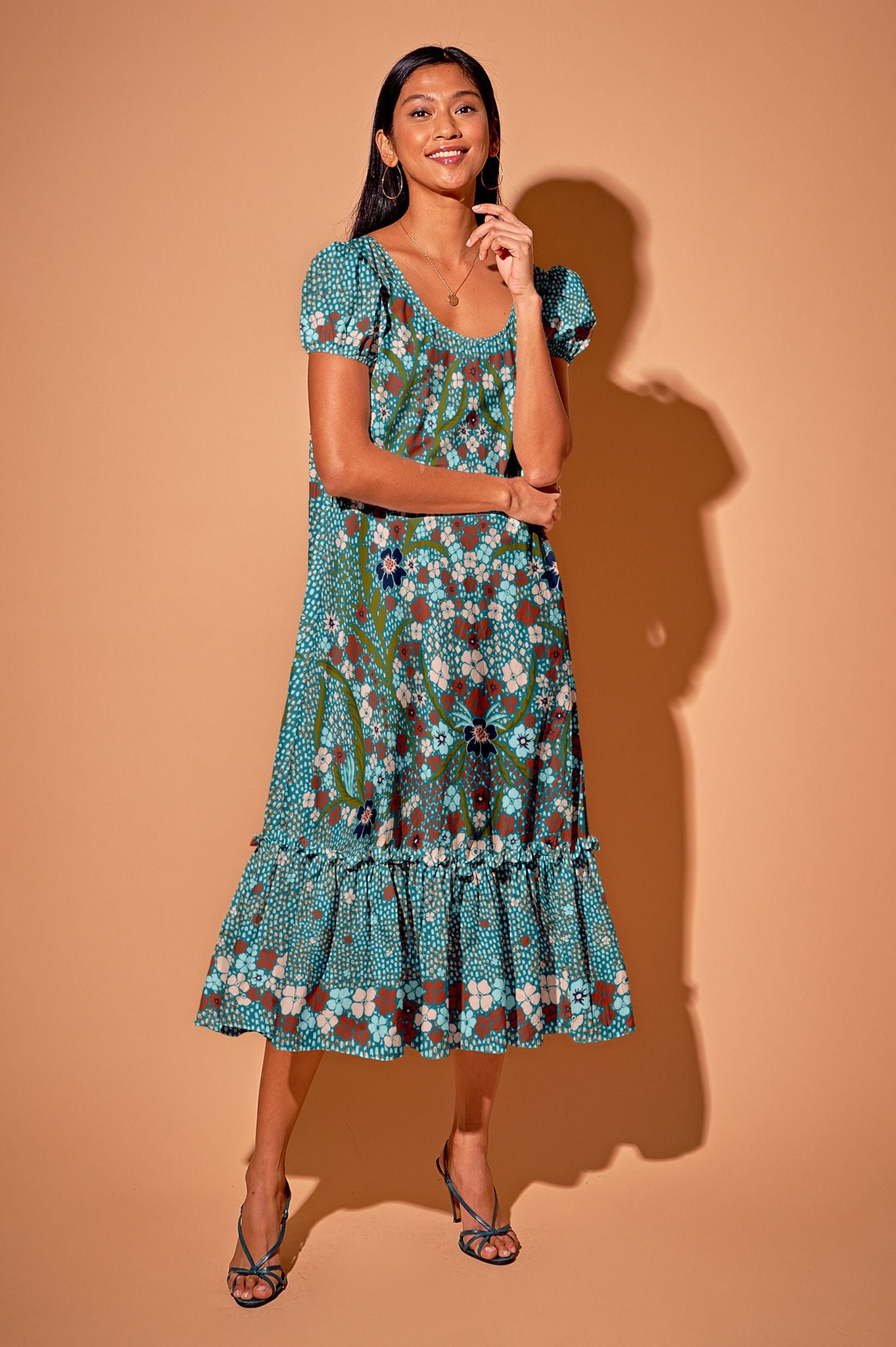 Rowan Ruffle Dress in Organic Cotton | Baroque Floral in Teal
