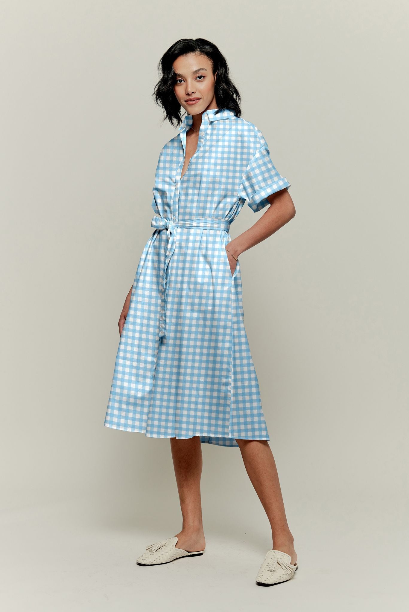 pale blue shirt dress Sky Stripe Linen Paula featuring a collared neckline Santorini Pale Blue Shirt Dress