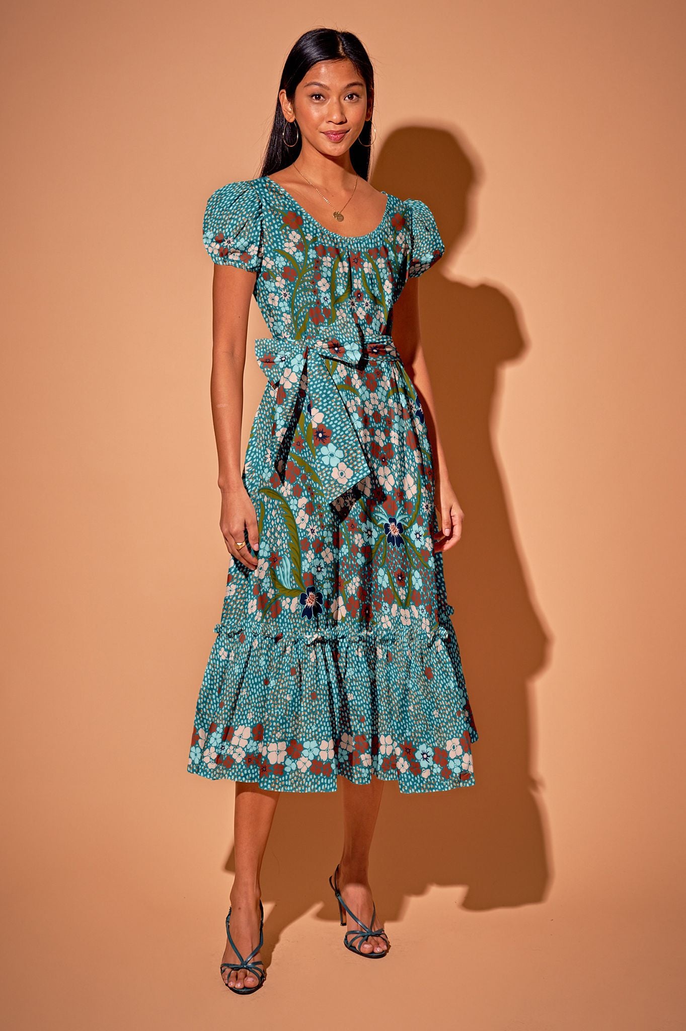 Rowan Ruffle Dress in Organic Cotton | Baroque Floral in Teal