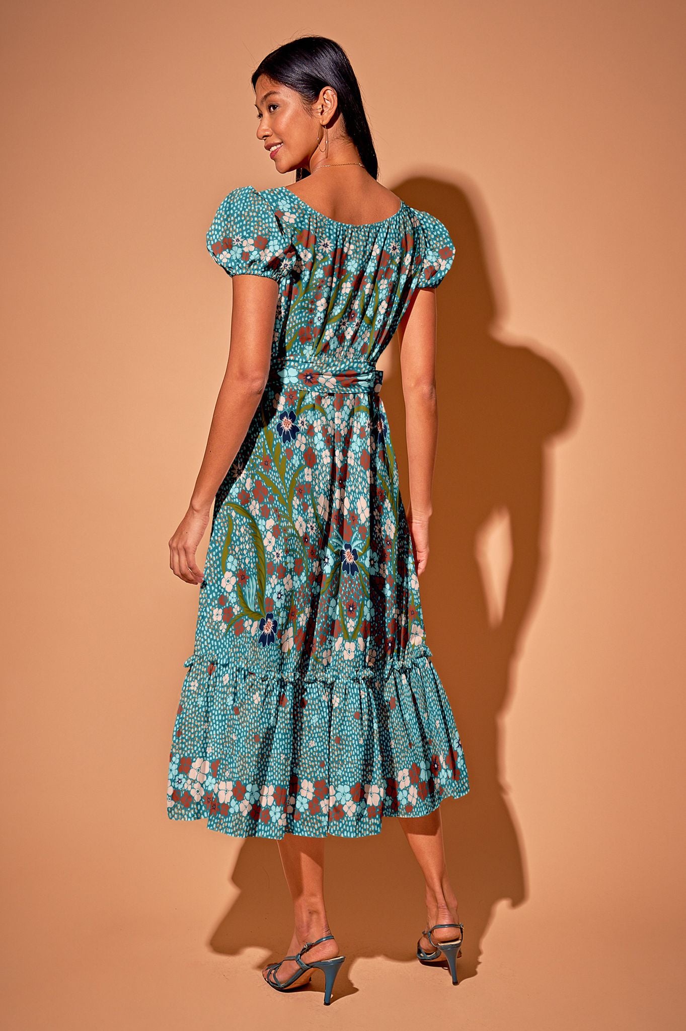 Rowan Ruffle Dress in Organic Cotton | Baroque Floral in Teal