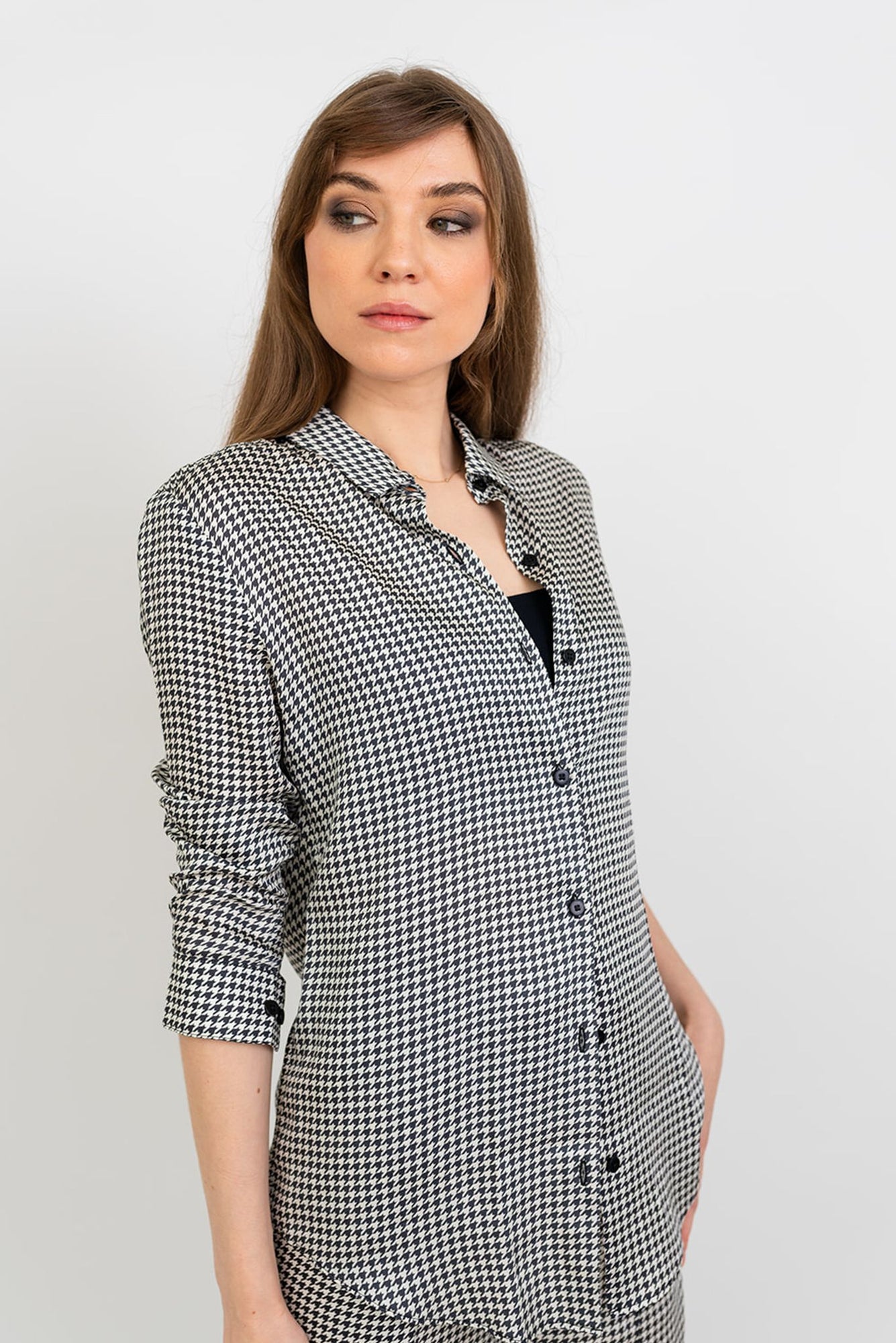 Brooklyn Button Up | Soft Black and White Houndstooth