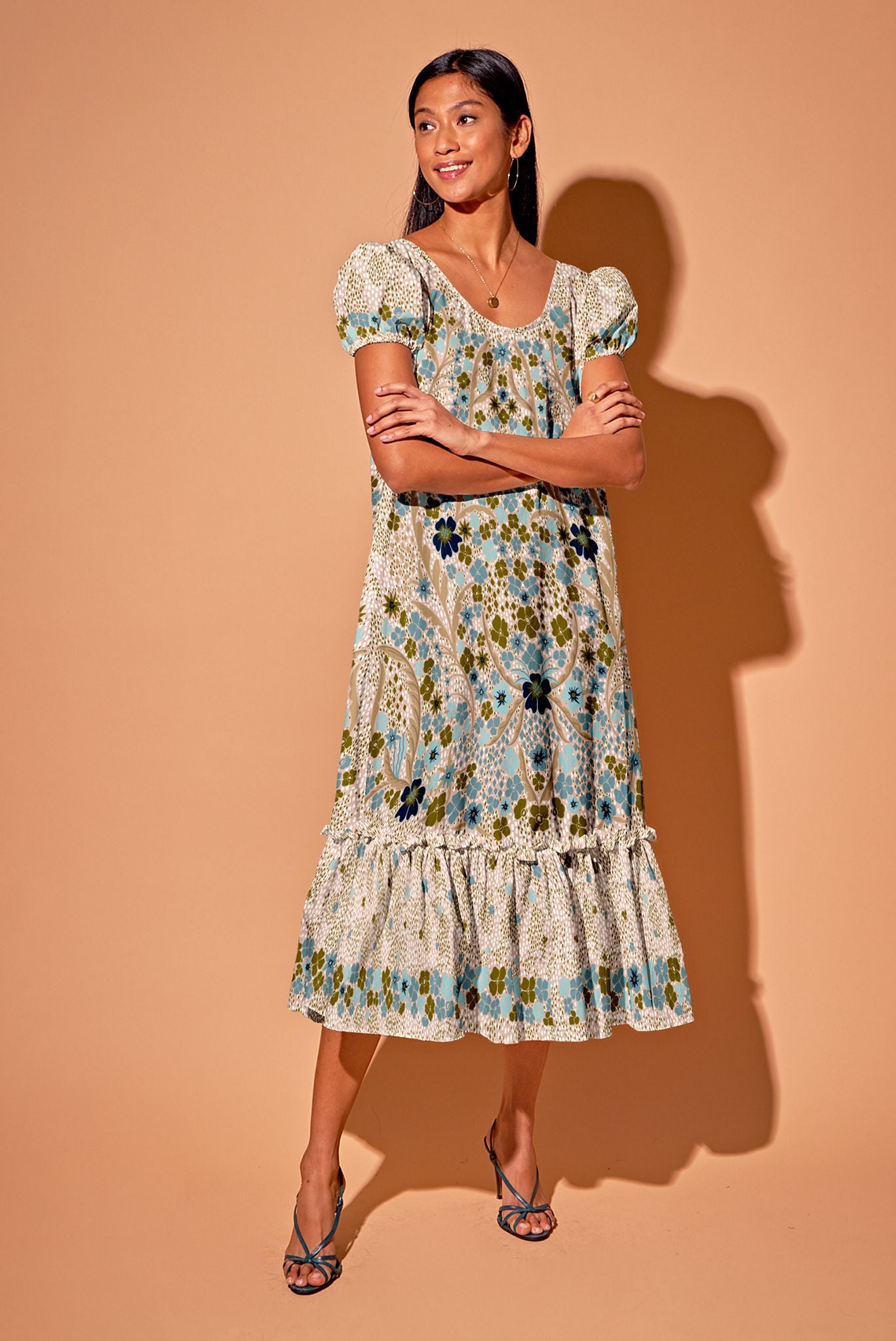 Rowan Ruffle Dress in Organic Cotton | Baroque Floral in Blush